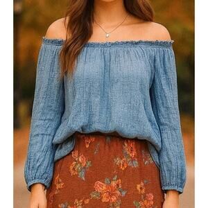 Generation Love Boho Cottagecore Off Shoulder Blouse XS Blue Chambray Hippie